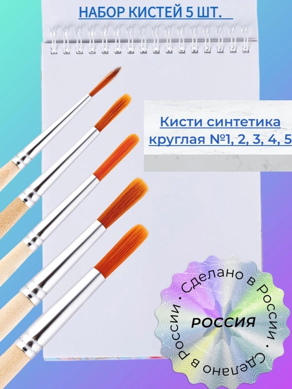 Набор кистей Синтетика, 5 шт, синтетика круглая, 1, 2, 3, 4, 5, для рисования, художественные кисточки