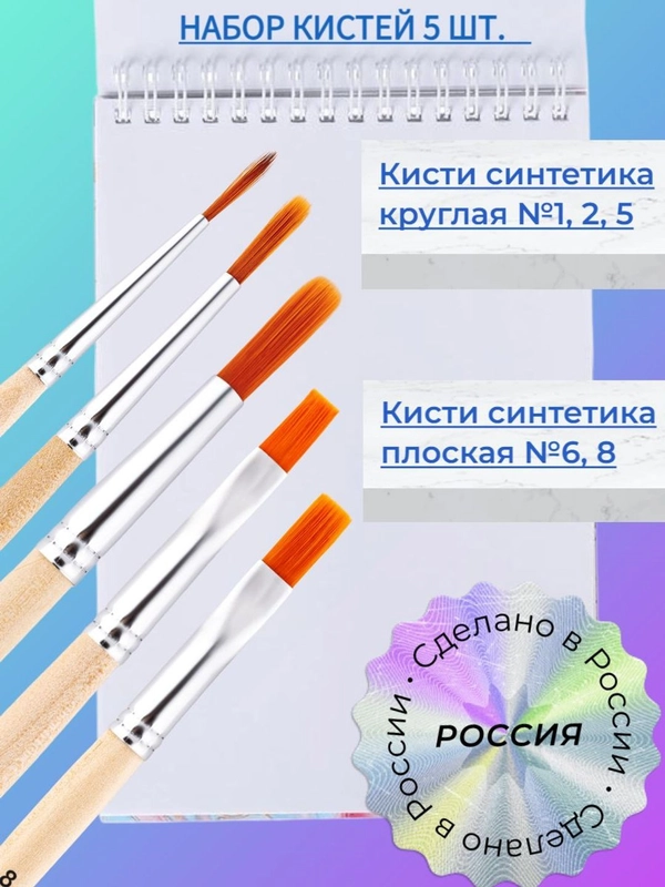 Набор кистей Синтетика, 5 шт, синтетика круглая, 1, 2, 5, плоская, 6, 8, Россия, для рисования, кисточки