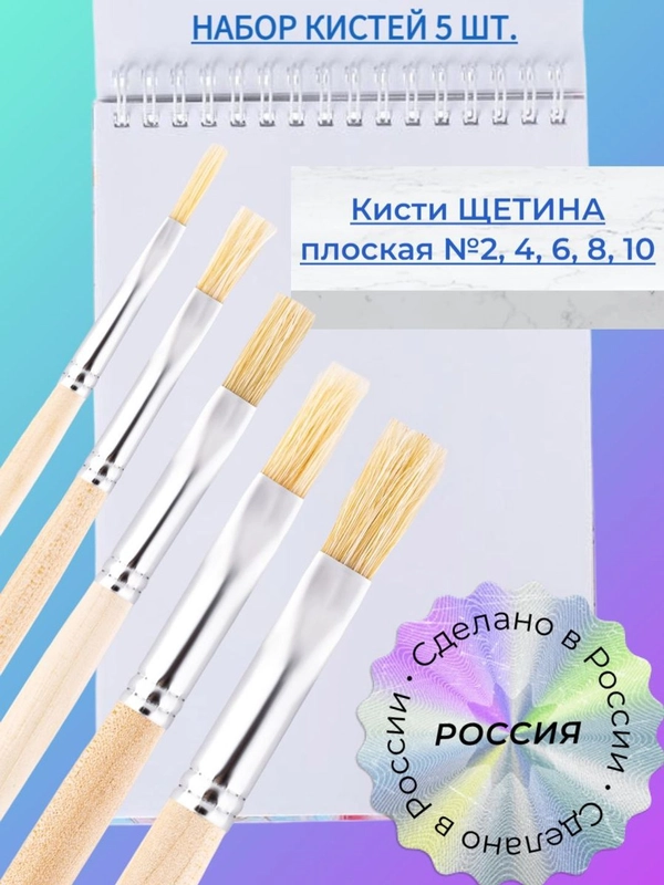 Набор кистей Щетина 5 шт.: щет.пл. 2, 4, 6, 8, 10 Россия для рисования, художественные кисточки