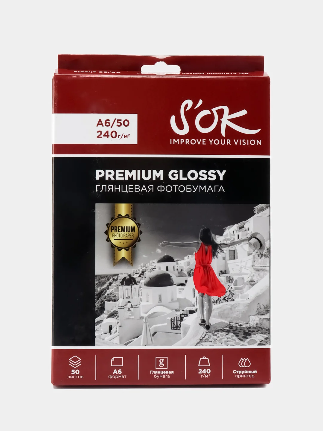 Белый фотобумага Premium SOK глянцевая, формат А6 10х15, плотность 240г/м2, 50 листов