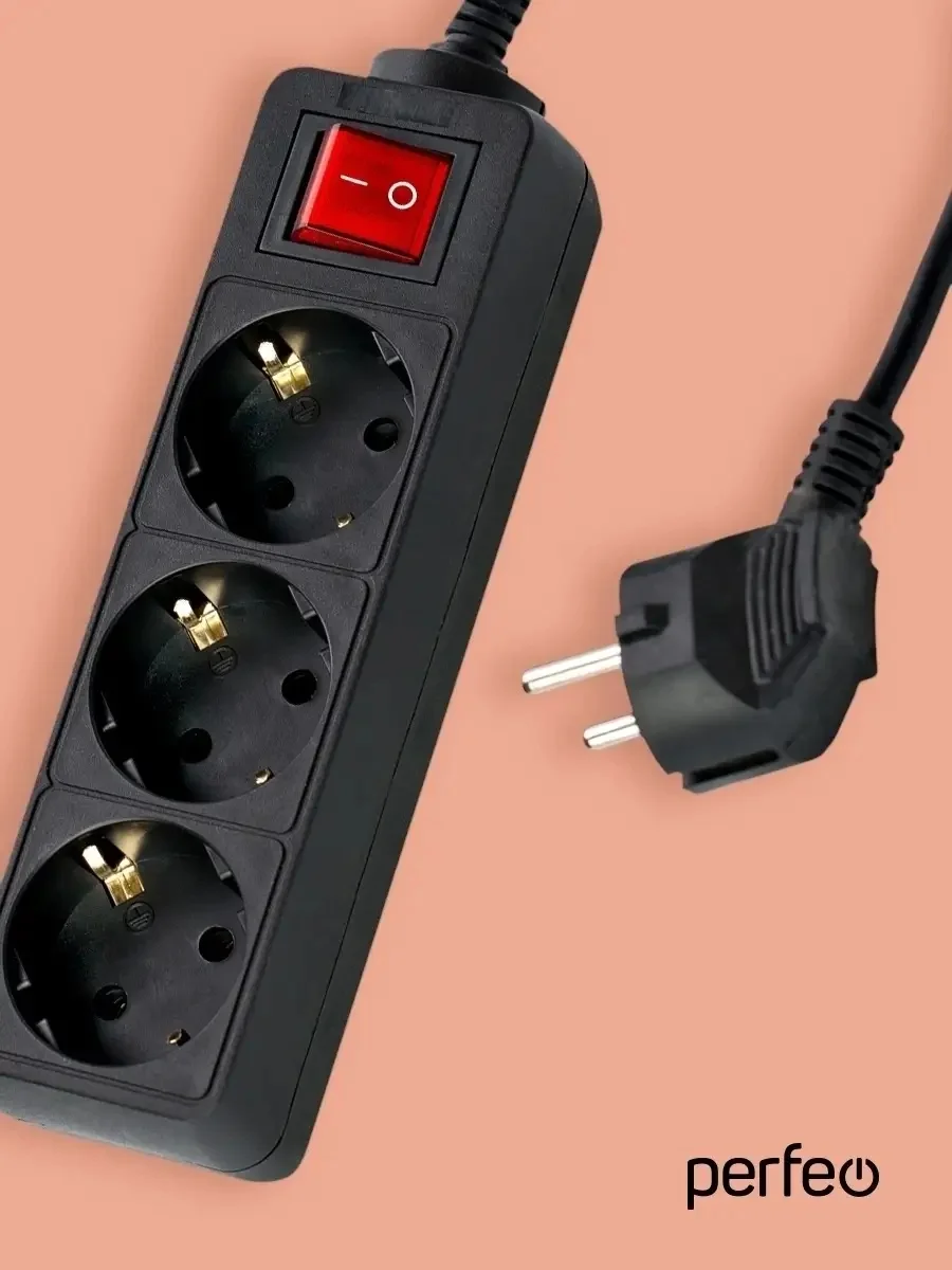 Сетевой удлинитель Perfeo "Powermate" с кнопкой, 3,0 м, 3 розетки, черный (PF-PM-3/3,0-B)