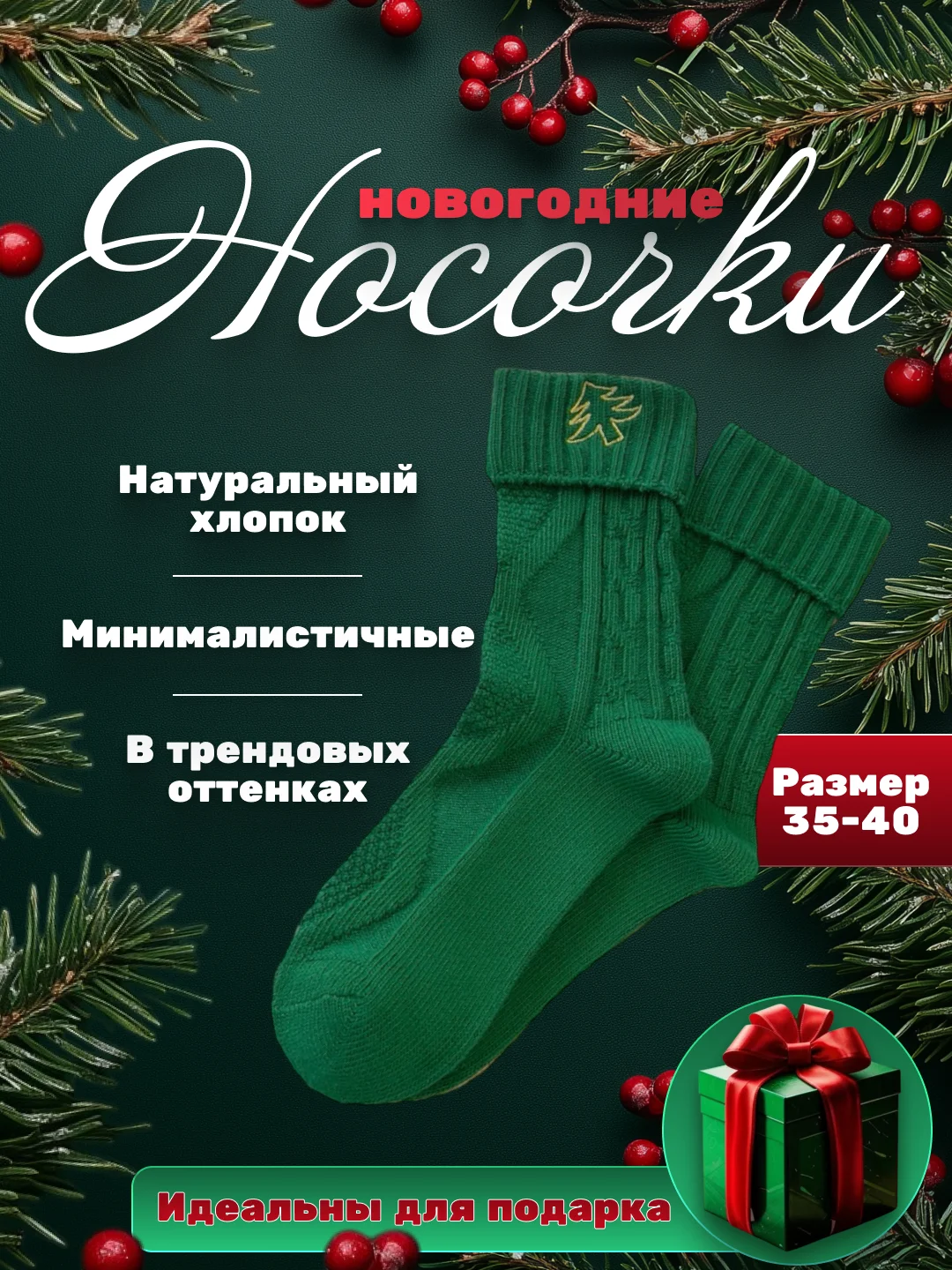 Лесной зеленый носки новогодние, подарок, набор носков, подарок на новый год