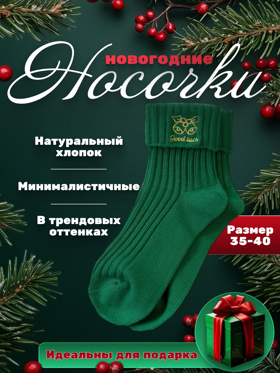 Зеленый носки новогодние, подарок, набор носков, подарок на новый год