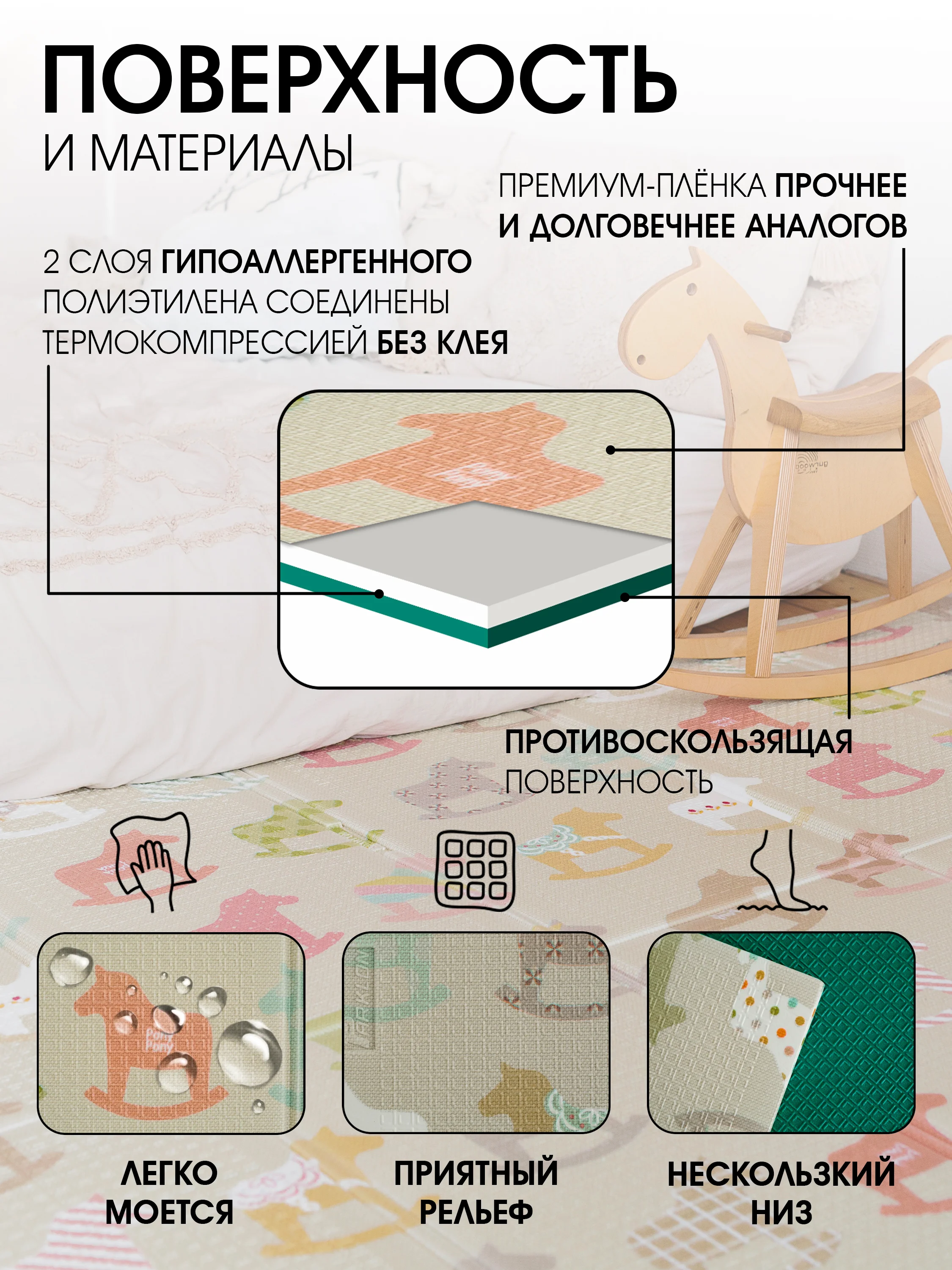 Детский коврик для ползания складной игровой Parklon Portable Деревянные лошадки 200*140см