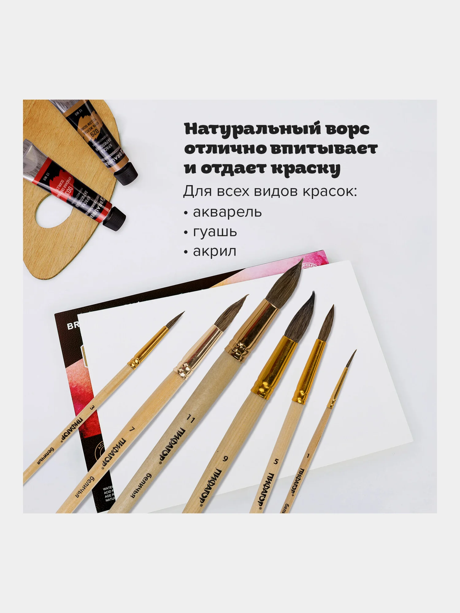 Кисти / кисточки Пифагор, набор 6шт. (беличьи круглые № 1, 3, 5, 7, 9, 11), блистер
