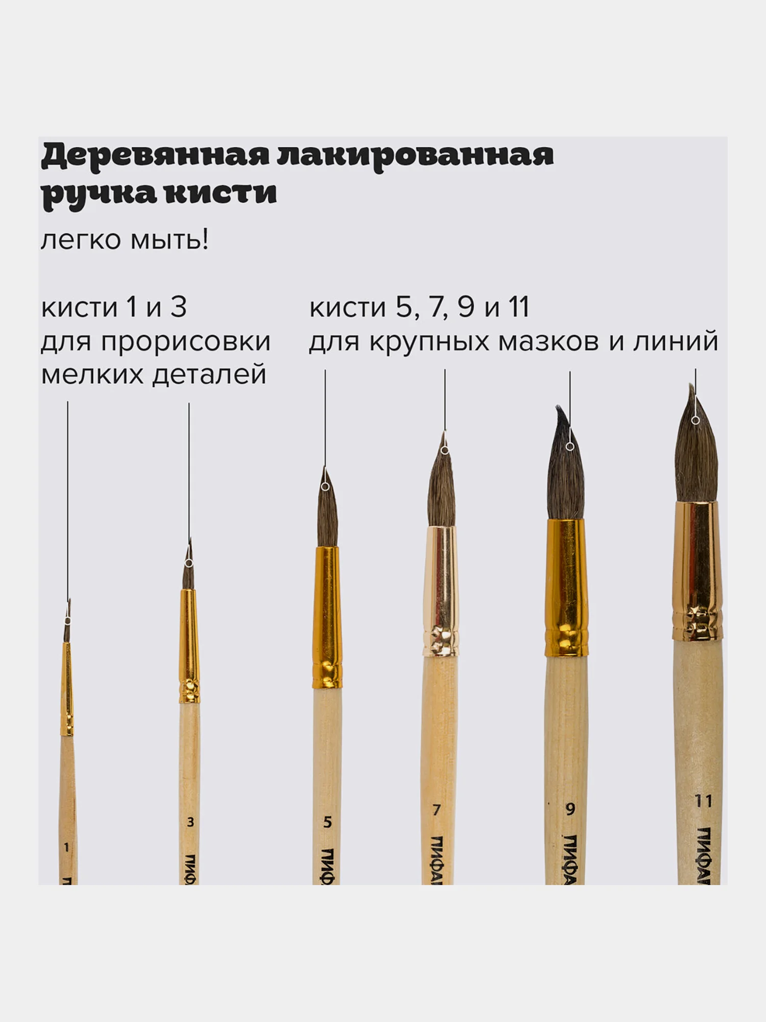 Кисти / кисточки Пифагор, набор 6шт. (беличьи круглые № 1, 3, 5, 7, 9, 11), блистер