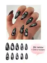 Синий накладные ногти с дизайном, 24 штуки, с клеем для ногтей