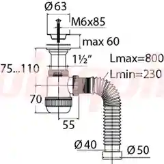 Сифон "Мини Элит", с нержавеющей чашкой 63, гофротрубой L800 мм