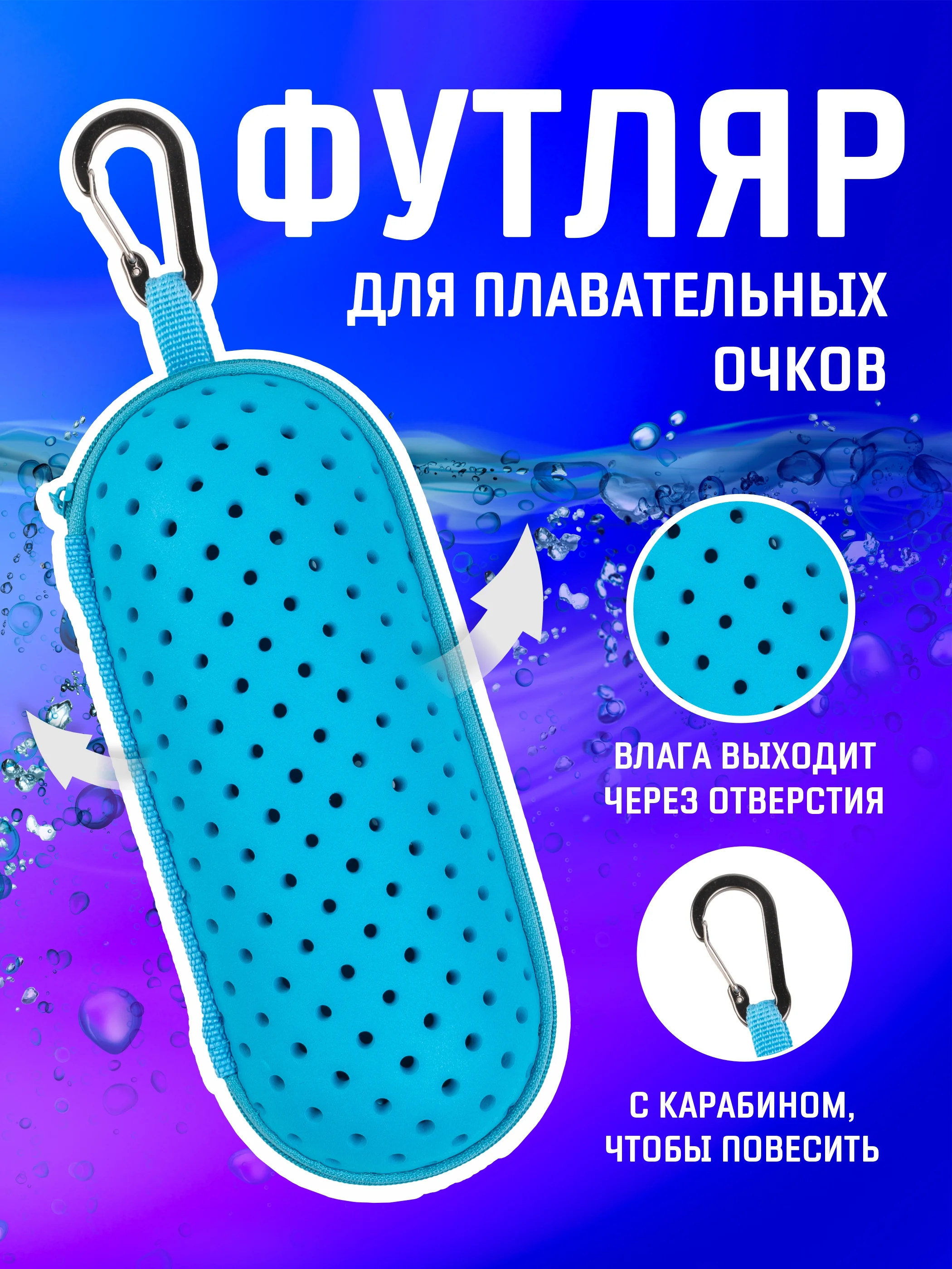 Голубой чехол для плавательных очков на молнии с карабином / Футляр для очков для плавания