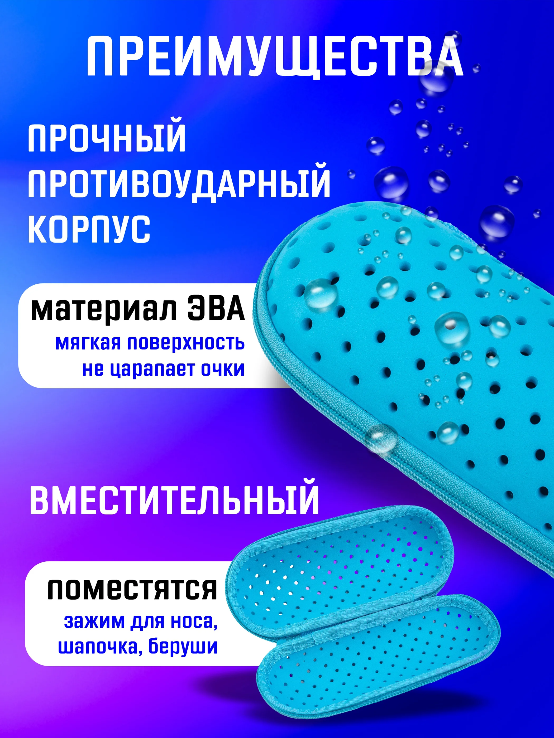 Голубой чехол для плавательных очков на молнии с карабином / Футляр для очков для плавания