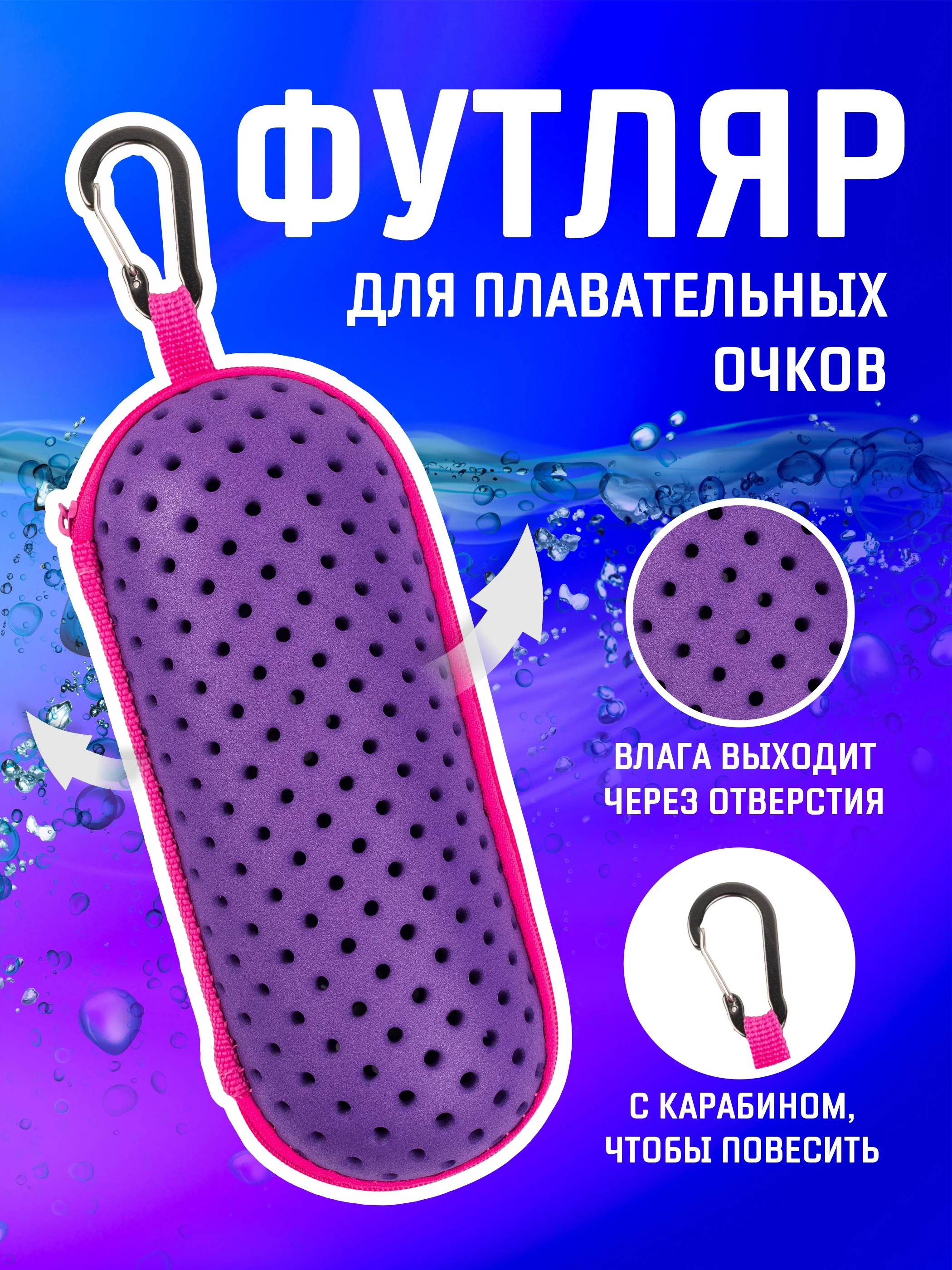 Аметистовый чехол для плавательных очков на молнии с карабином / Футляр для очков для плавания