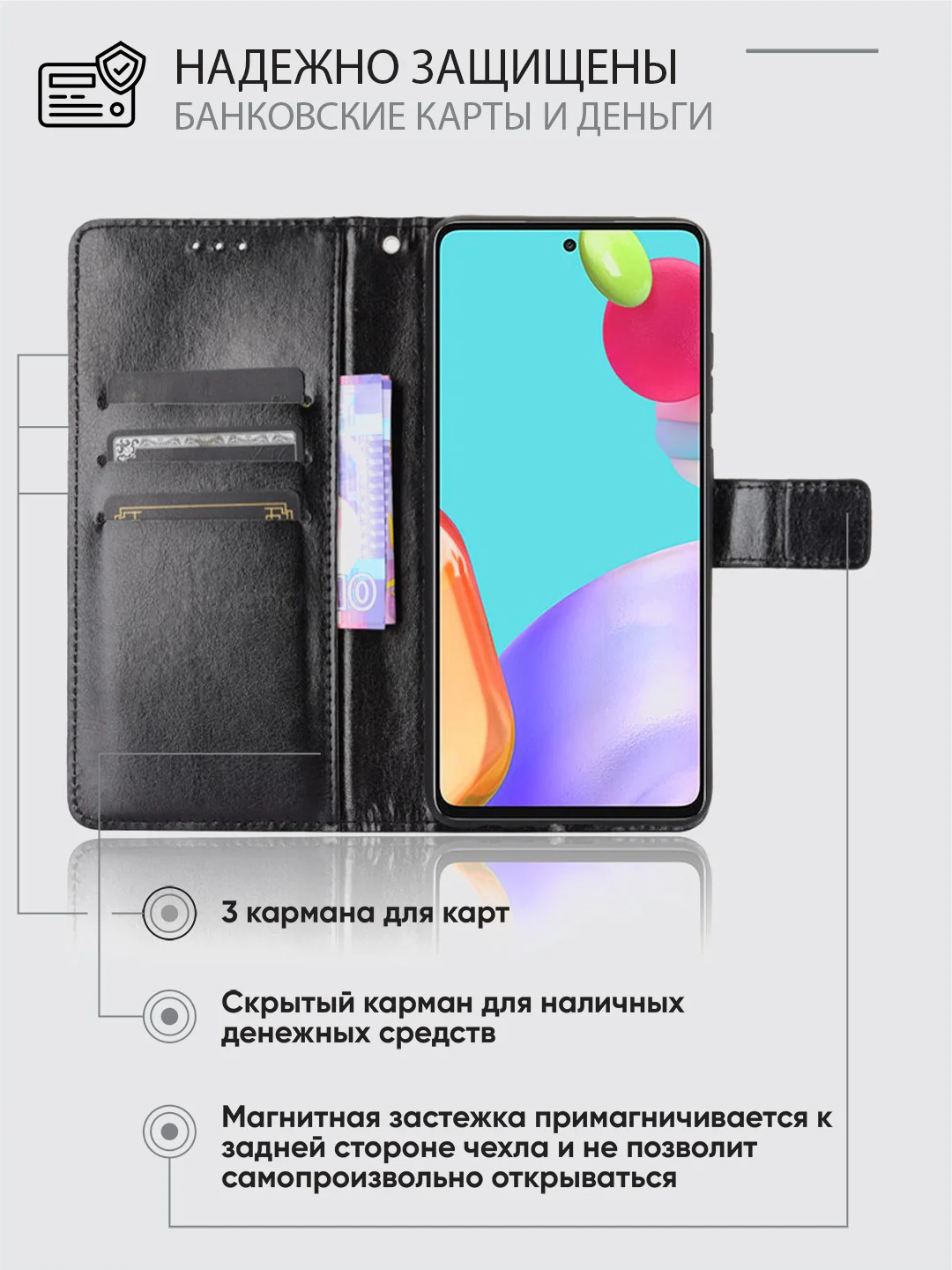 Черный чехол-книжка с магнитной застежкой для Samsung Galaxy A52, A52S, Самсунг Галакси А52