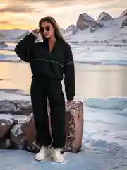 Черный костюм флисовый женский, спортивный, зимний, на осень, демисезонный, на флисе, женский