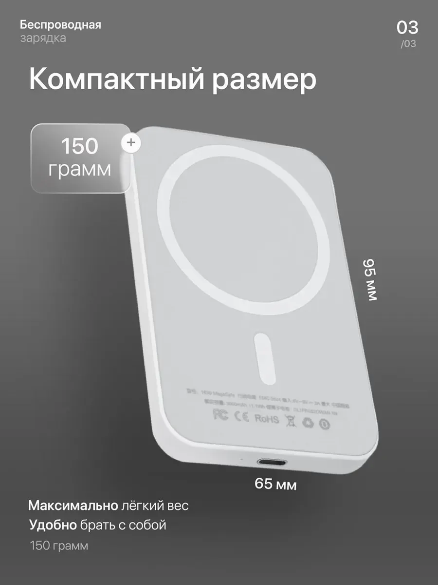 Белый аккумулятор внешний для iPhone, зарядка Magsafe для айфона, PowerBank, повербанк 5000 mAh