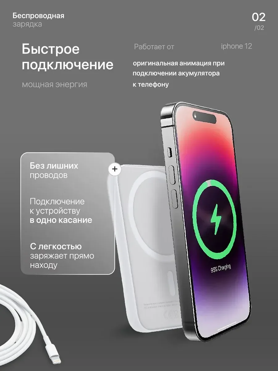 Белый аккумулятор внешний для iPhone, зарядка Magsafe для айфона, PowerBank, повербанк 5000 mAh