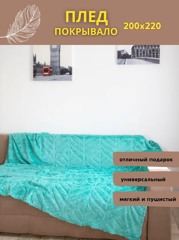 Тиффани плед покрывало на диван и кровать евро 200*220 плюшевый, однотонный, мягкий на подарок