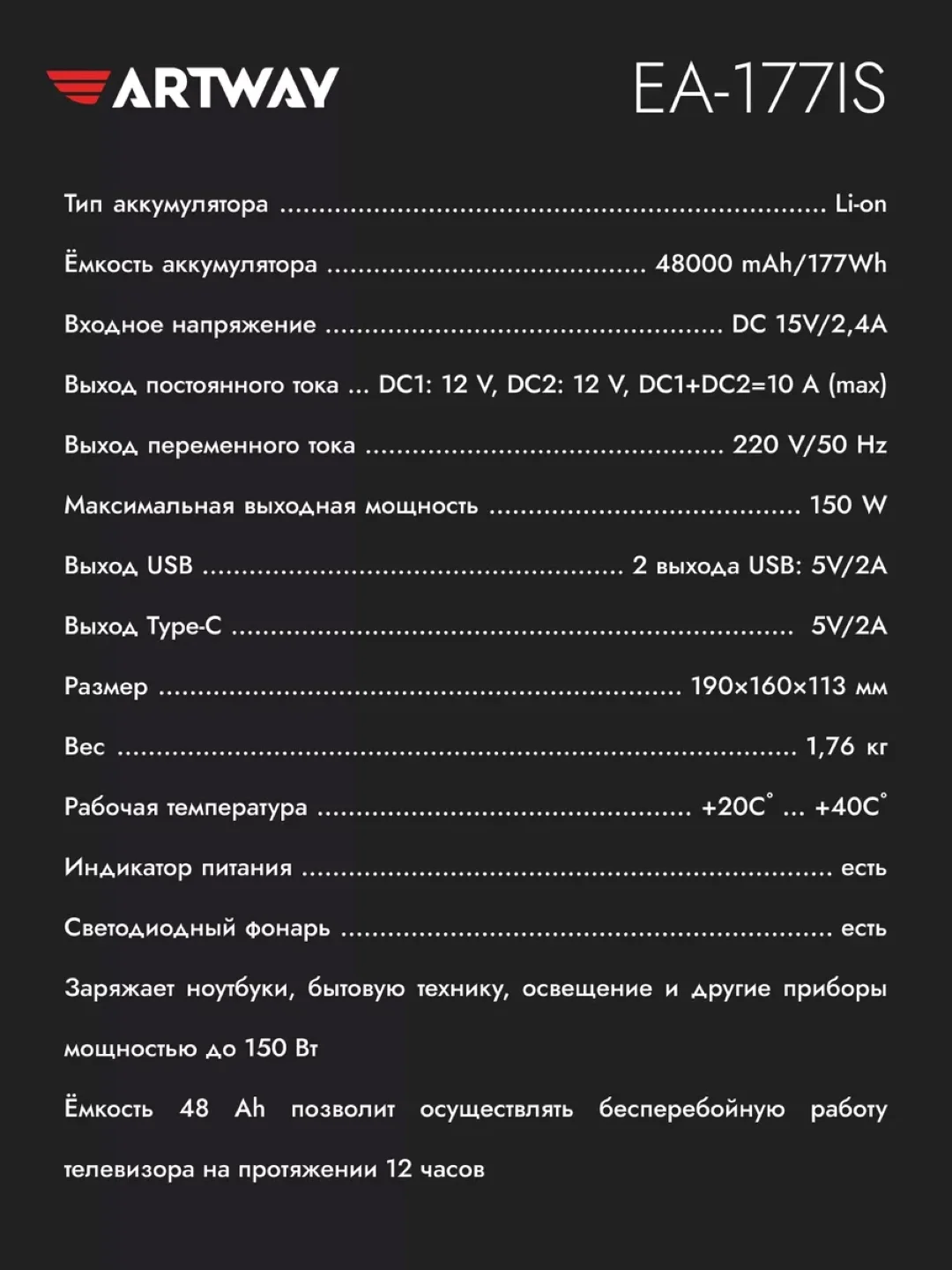 Внешний аккумулятор PowerBank Artway EA-177IS, с розеткой 220В