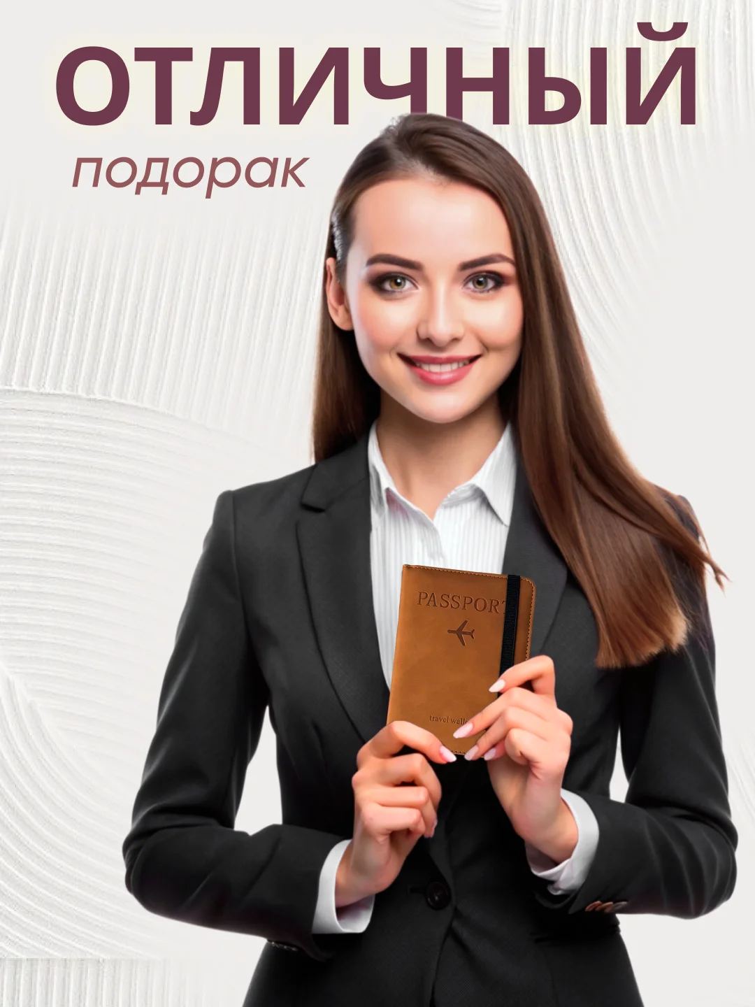 Обложка на паспорт из эко кожи с резинкой с отделениями для карт и купюр, коричневая