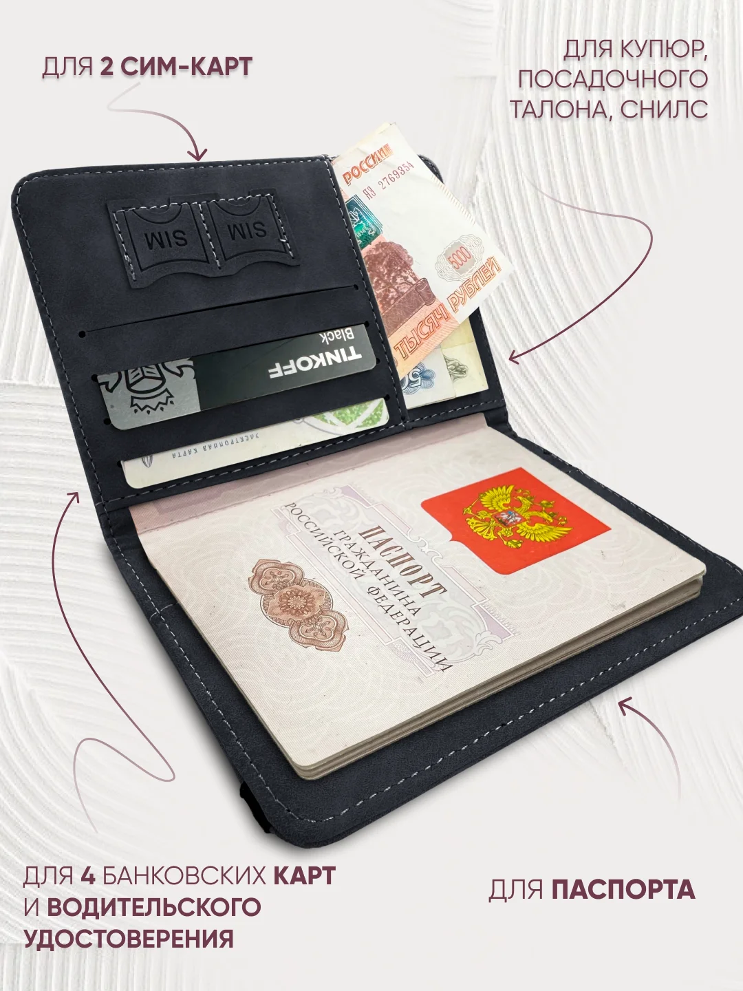 Обложка на паспорт из эко кожи с резинкой с отделениями для карт и купюр, черный