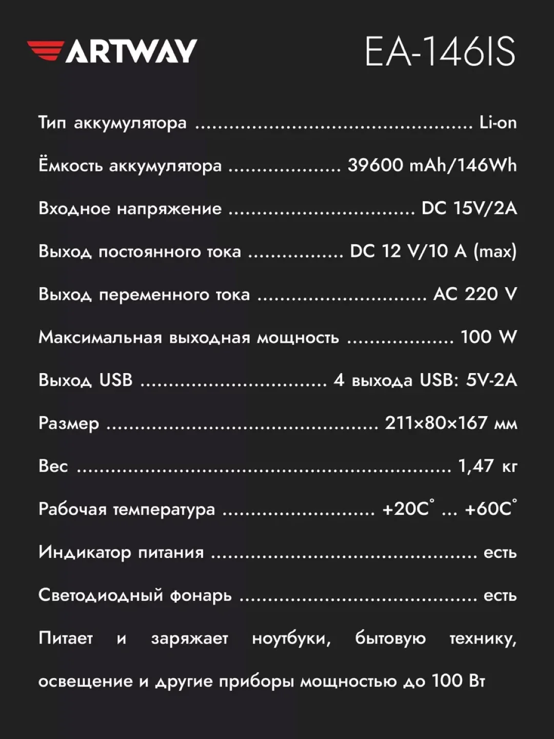 Портативный аккумулятор с розеткой 220В EA-146IS