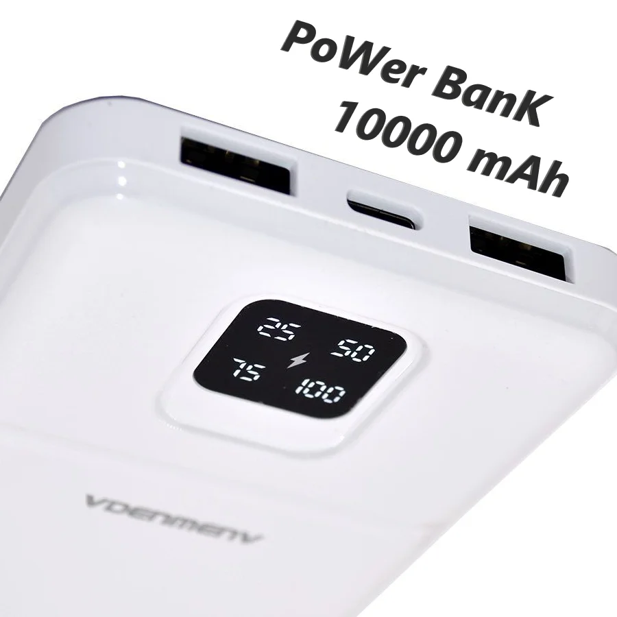 Power Bank  10000 мАч, Внешний аккумулятор с показателем заряда, 2 USB разъема для зарядки