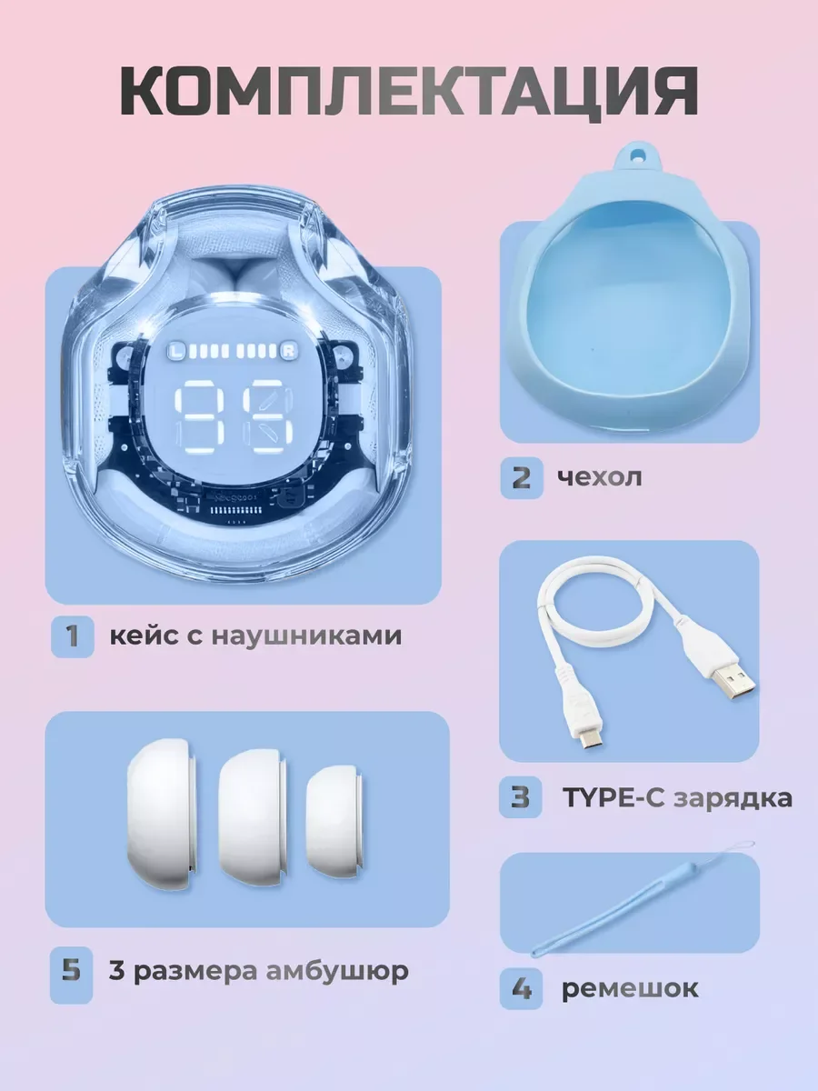 Голубой беспроводные наушники Ultra Pods с прозрачным корпусом
