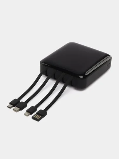 Черный повербанк со встроенными кабелями и фонариком, 10000 mAh