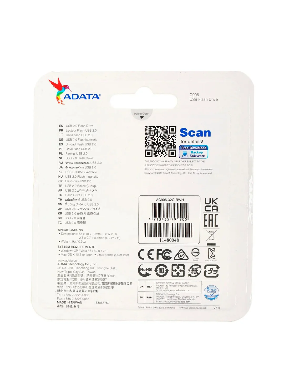 Флэш-накопитель USB2 32GB WHITE AC906-32G-RWH ADATA