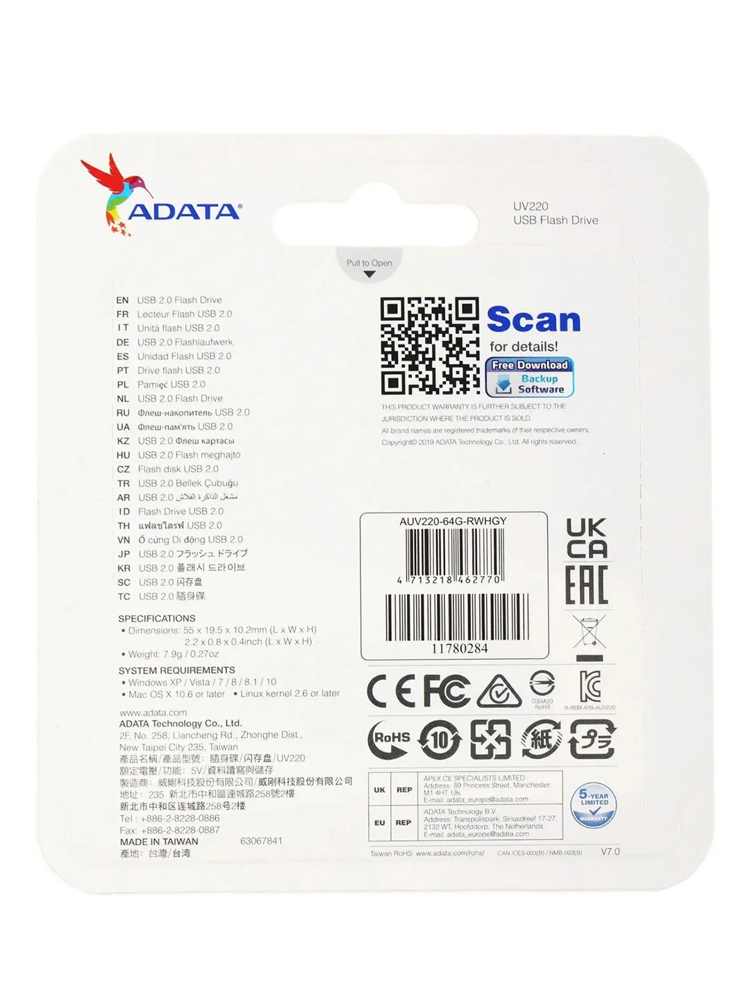 Флэш-накопитель 64GB AUV220-64G-RWHGY WH\GR ADATA