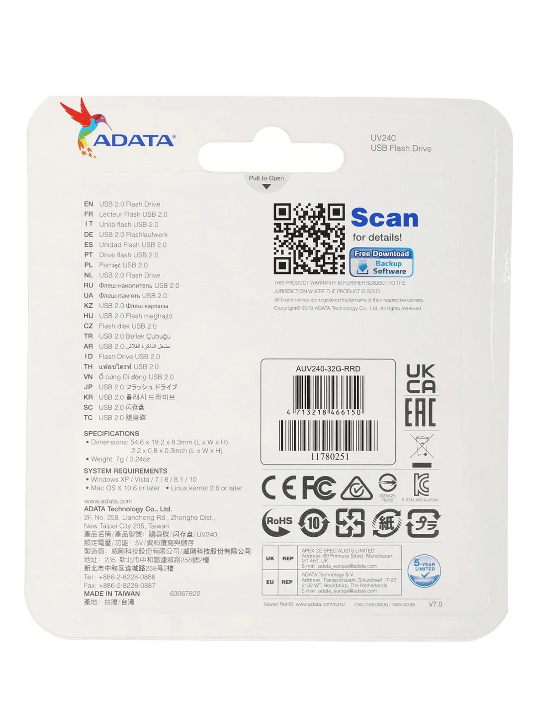 Флэш-накопитель USB2 32GB WHITE AUV240-32G-RWH ADATA