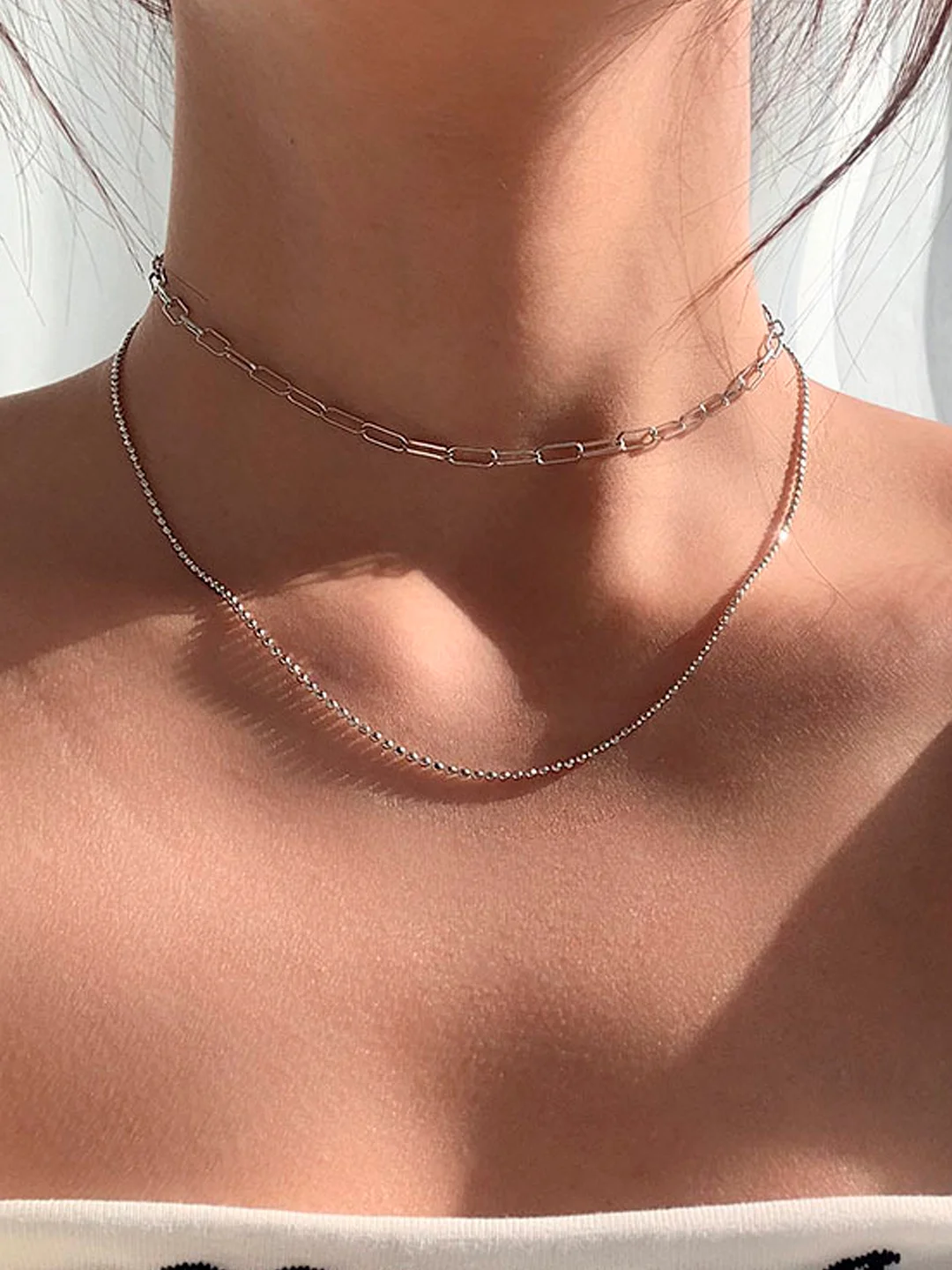 Серебряный цепочка на шею, двойная цепочка на шею