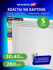 Холст на картоне набор 5 штук 30х40 см, 280 г м2, грунт, 100% хлопок, Brauberg Art Classic