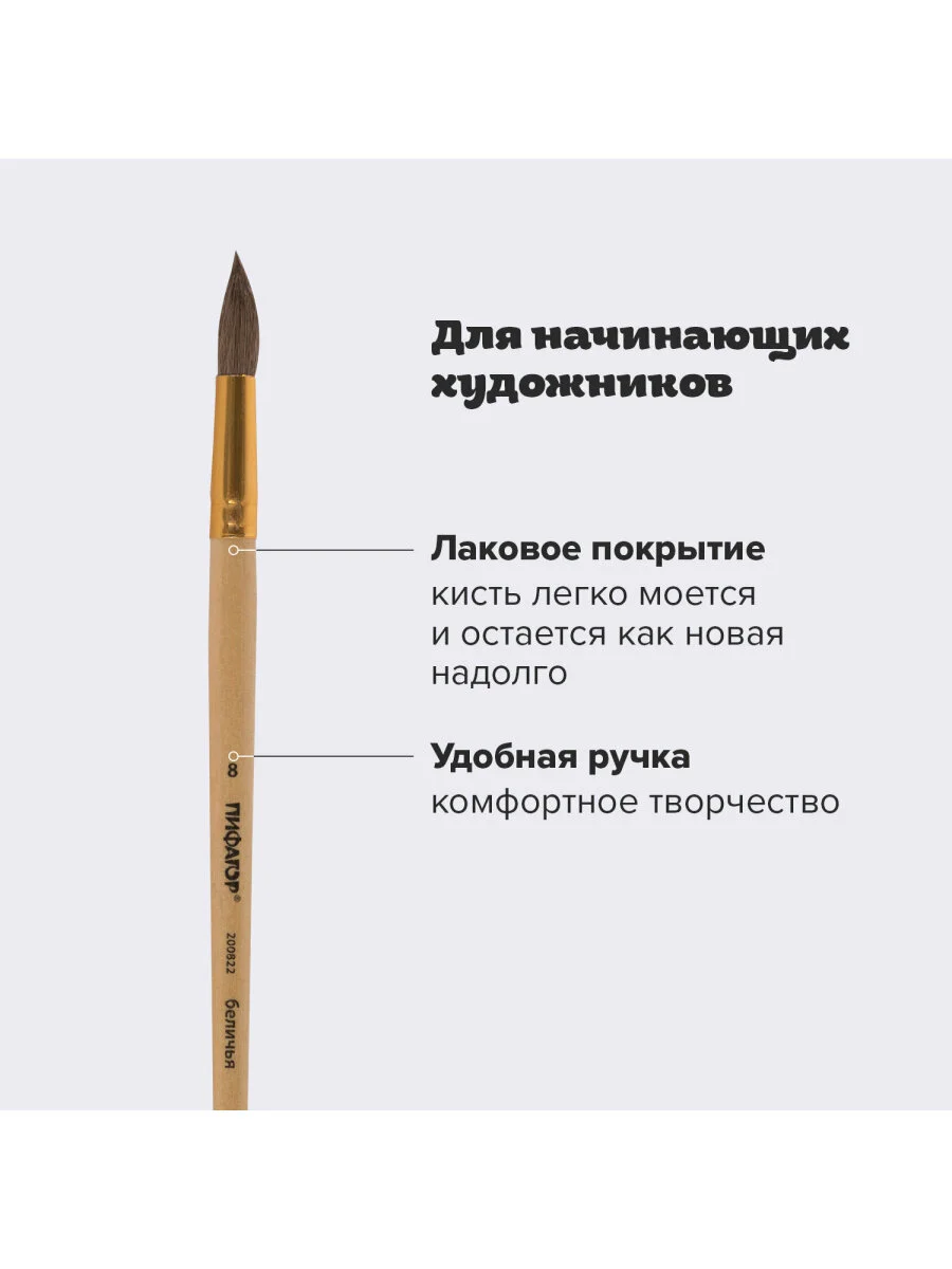 Кисть кисточка для рисования Пифагор, беличья, круглая, № 8