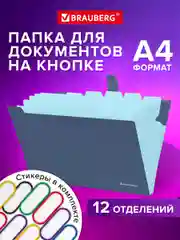 Папка для документов А4 канцелярская с файлами на кнопке 12 секций, Brauberg Extra, 271933