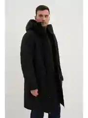 Черный утепленное пальто с капюшоном