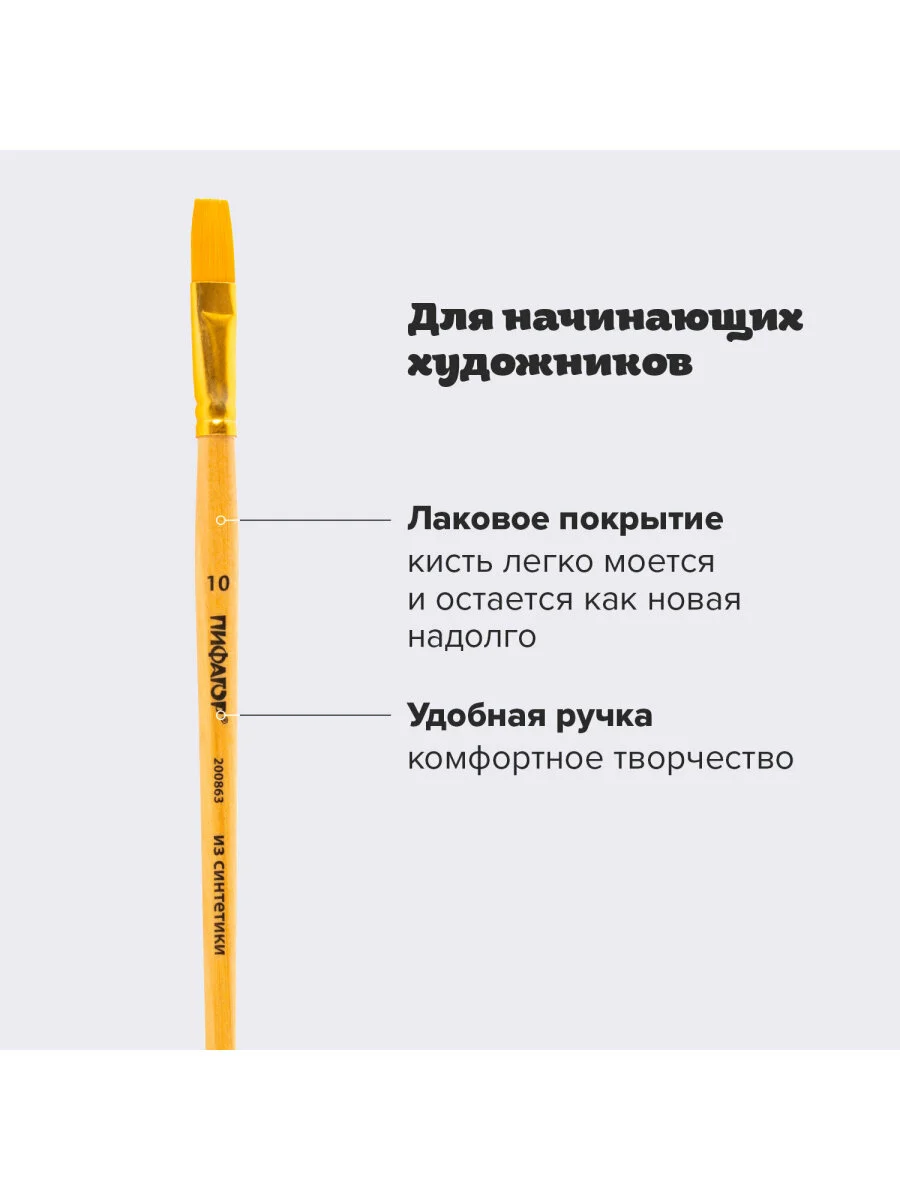 Кисточка (кисть) для рисования, СИНТЕТИКА, плоская, № 10 деревянная ручка колпачок, 200863