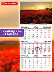 Календарь настенный квартальный отрывной 2025 Brauberg Маки, 116129