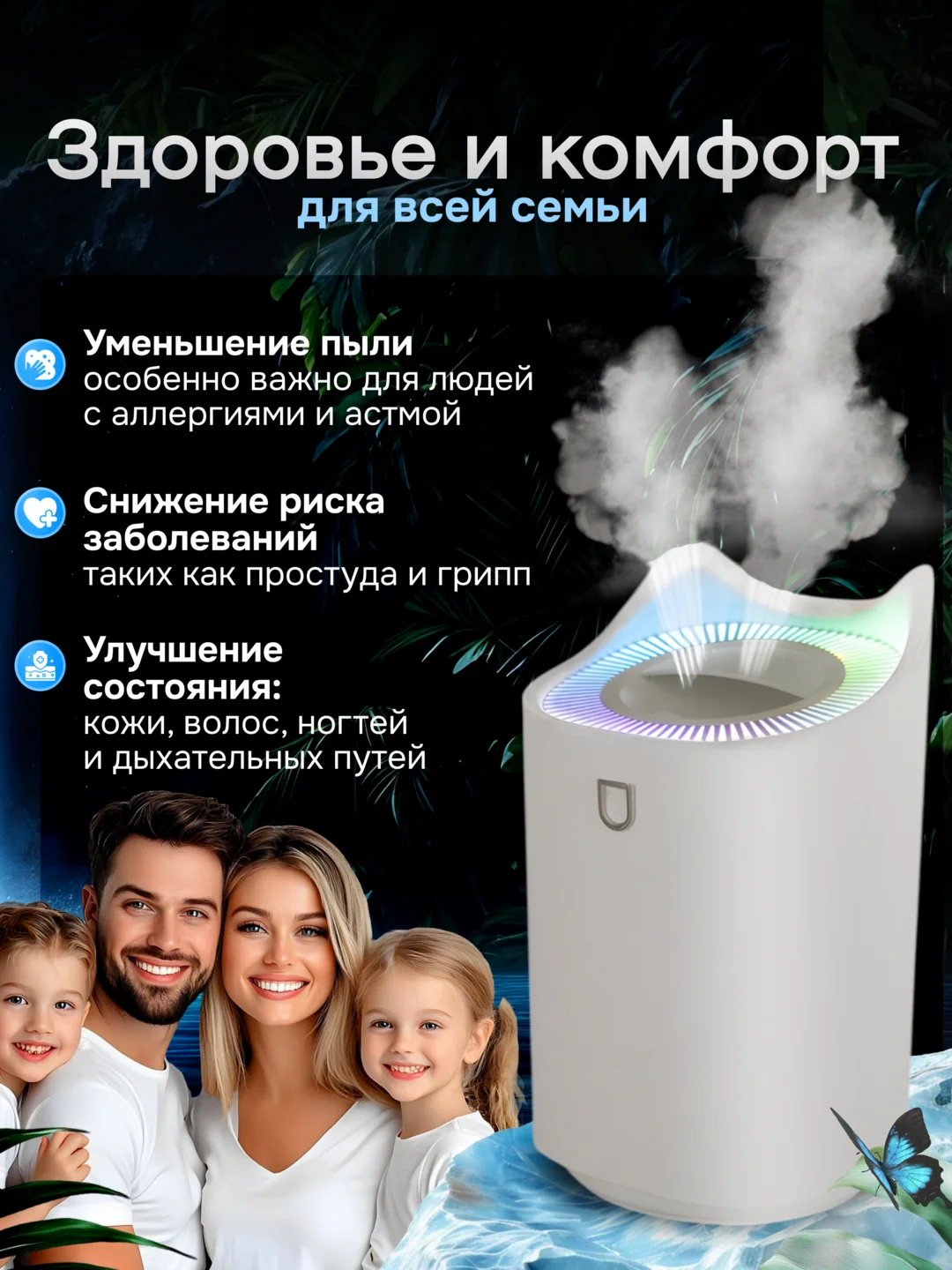 Увлажнитель воздуха с подсветкой, 3 литра