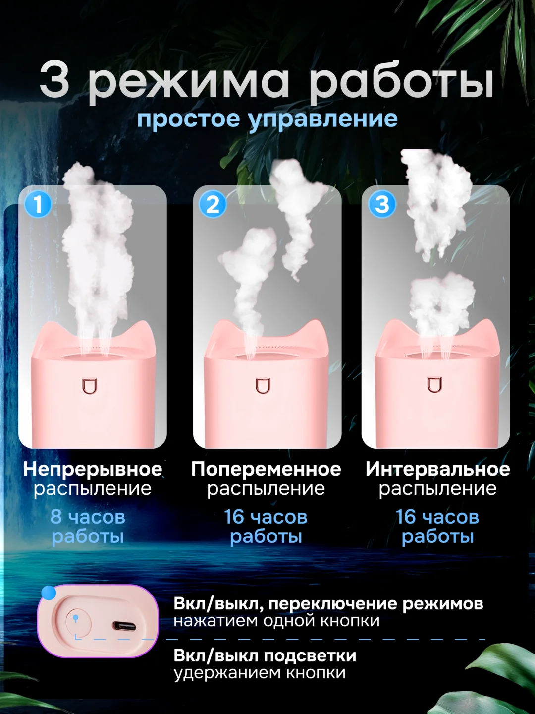 Розовый увлажнитель воздуха с подсветкой, 3 литра
