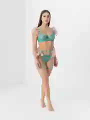 Лазурный комплект нижнего женского белья с перьями , кружевной