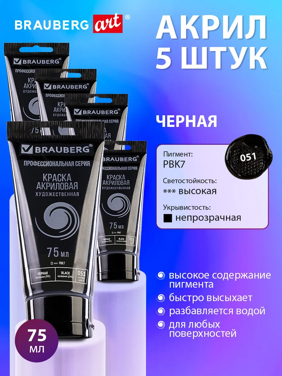 Акриловые краски черные глянцевые акрил набор 5 штук по 75 мл в тюбиках, Brauberg Art