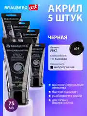 Акриловые краски черные глянцевые акрил набор 5 штук по 75 мл в тюбиках, Brauberg Art