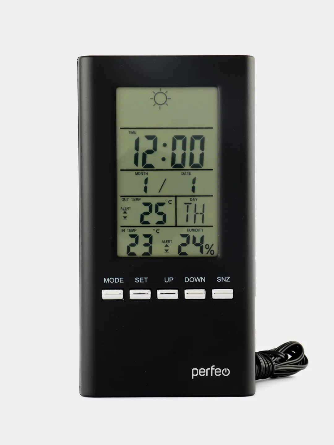 Черный часы-метеостанция Perfeo "Meteo", (PF-S3331F) время, темп., датчик ул. темп., влажность