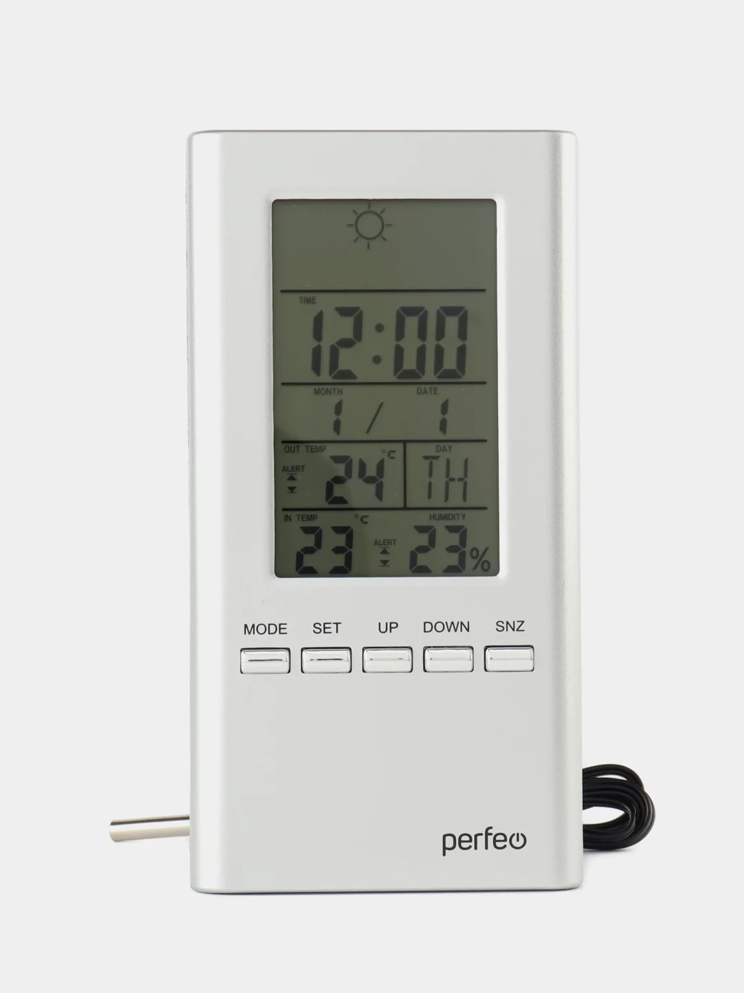 Серебряный часы-метеостанция Perfeo "Meteo", (PF-S3331F) время, темп., датчик ул. темп., влажность
