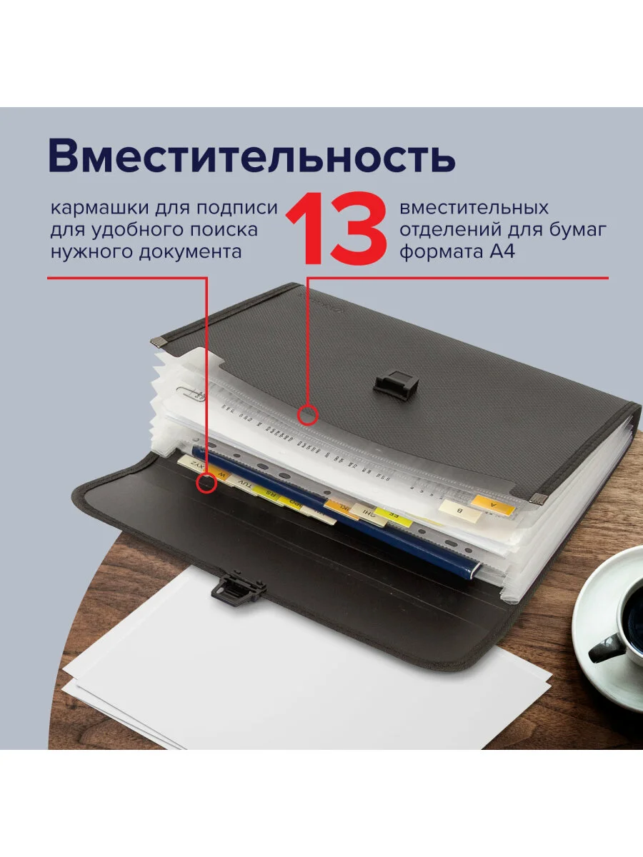 Папка для бумаг и документов с замком и 13 отделениями BRAUBERG HIT, А4, пластик, черная