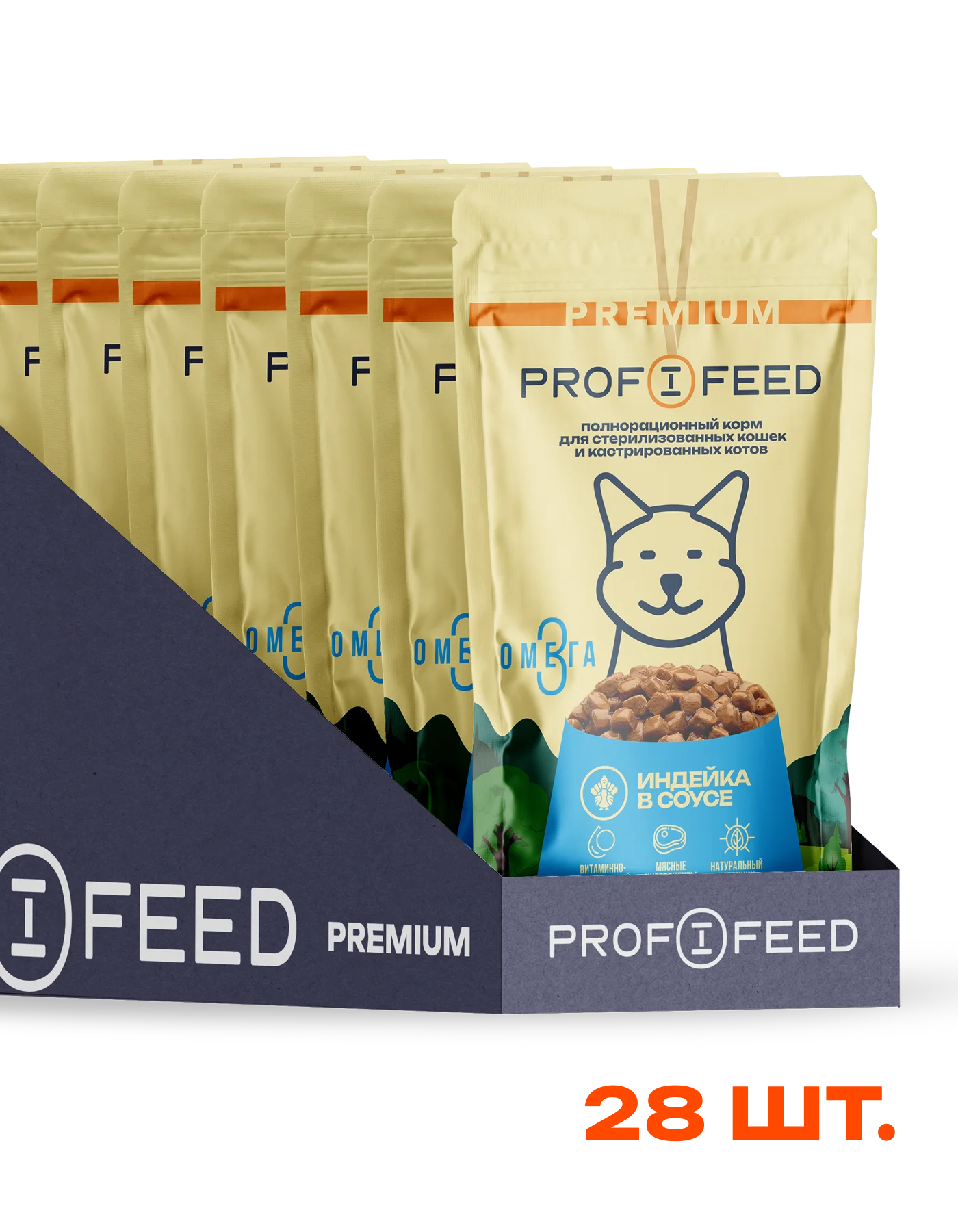 Корм консервированный (пауч)  Profifeed для взрослых кошек кусочки в соусе,  75г, 28 шт