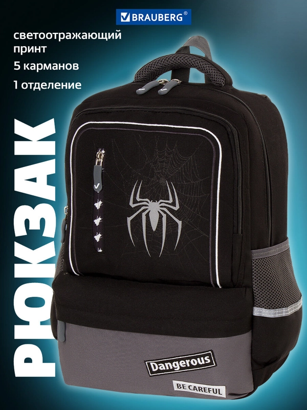Рюкзак школьный для мальчика Brauberg Star, 1 отделение, 5 карманов, Spider, 229978
