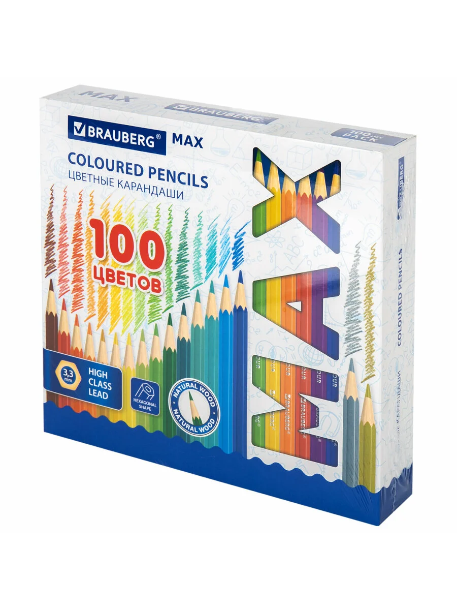 Карандаши цветные супермягкие яркие классические BRAUBERG MAX 100 цветов, грифель 3,3 мм