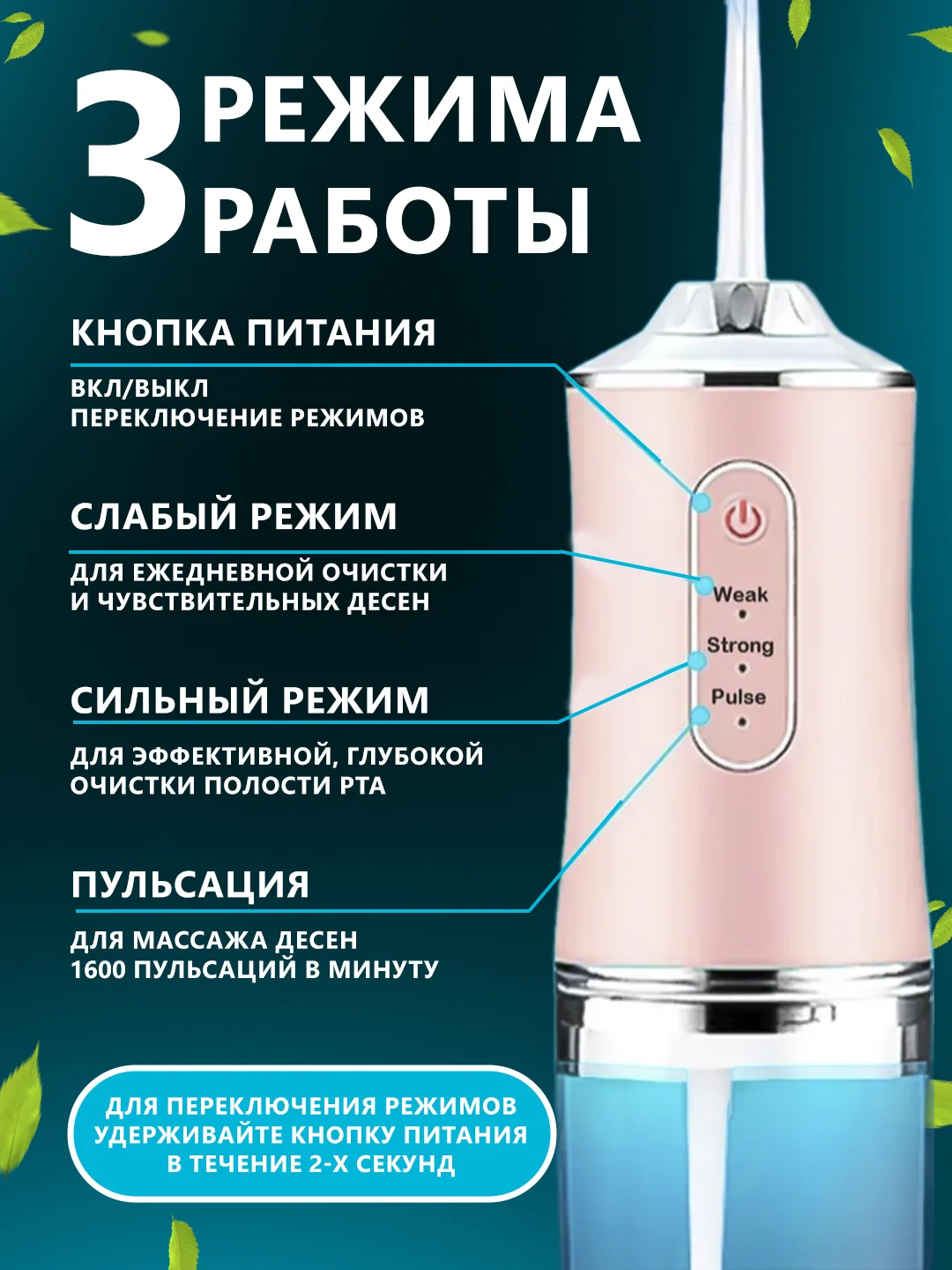 Розовый протативный ирригатор для чистки полости рта,зубов,брекитов,десен,языка/беспроводной 230мл