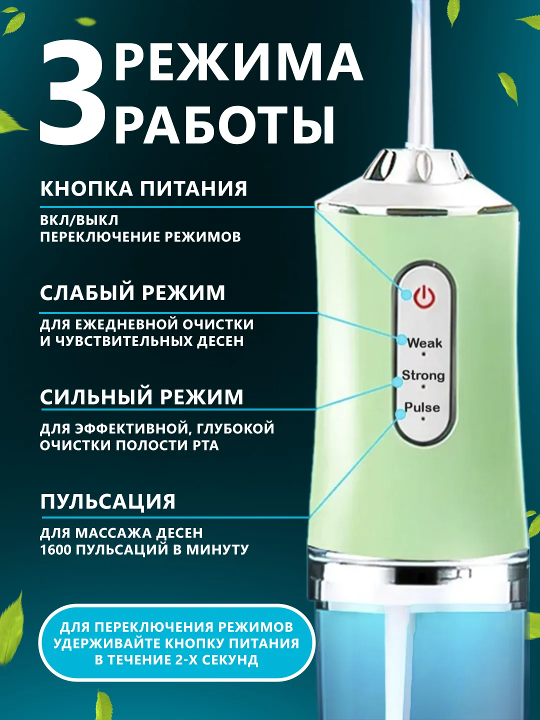 Бирюзовый протативный ирригатор для чистки полости рта,зубов,брекитов,десен,языка/беспроводной 230мл